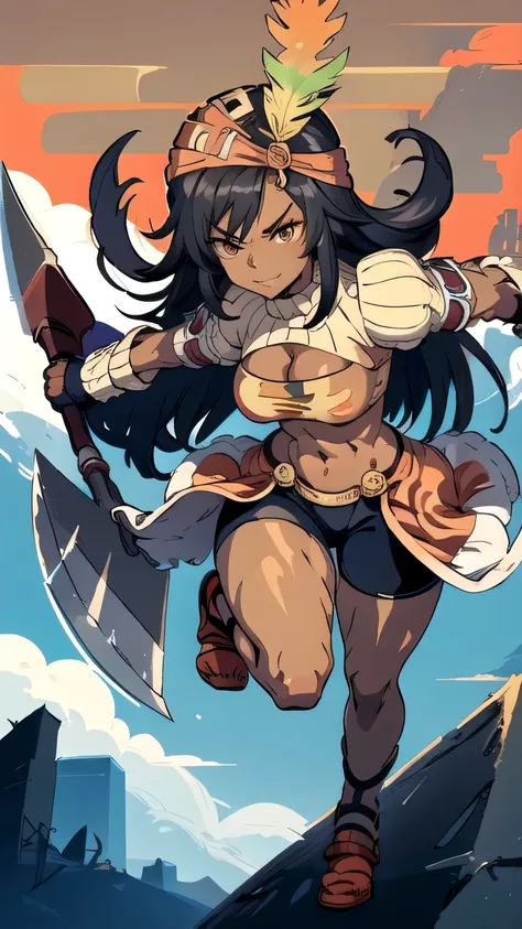 masterpiece, best quality, ff9lani, dark skin, bandana, feather hair ornament, turtleneck, cleavage, puffy sleeves, bandeau, red overskirt, thight short shorts, fingerless gloves, large breasts, holding axe, axe, looking at viewer, ((huge weapon)), grin, c...