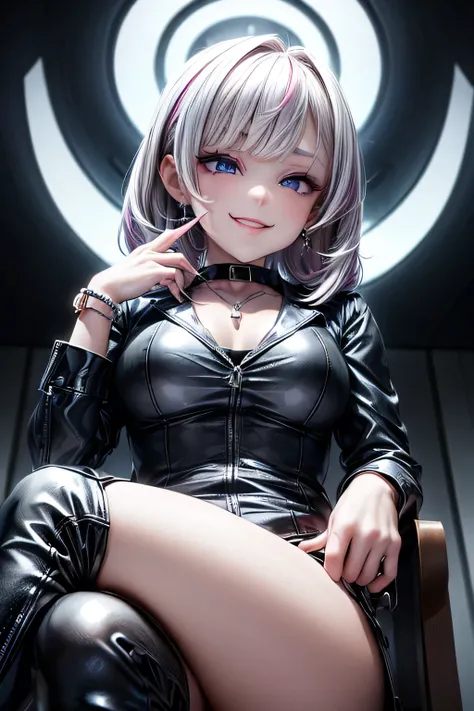 (kawaii), (evil valley girl), (under teen:1.4), (business suit, pencil skirt, tight leather skirt:1.3), (leather boots, thigh-high boots, high-heeled boots, stiletto boots:1.2), (leather gloves:1.1), (put on earrings, necklace, bracelet:1.2), (holding a sm...