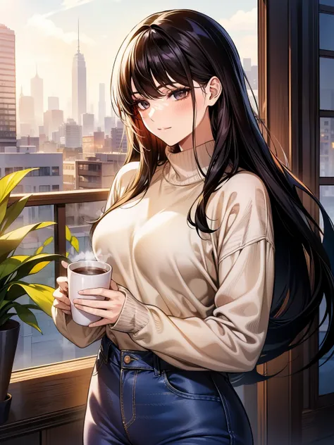A young woman with long, black straight hair cascading over her shoulders, and black eyes that radiate kindness. She is wearing a cozy red sweater, slightly oversized, with the sleeves gently rolled up. The sweater hugs her figure in a casual yet elegant w...