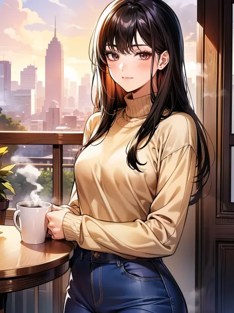 A young woman with long, black straight hair cascading over her shoulders, and black eyes that radiate kindness. She is wearing a cozy red sweater, slightly oversized, with the sleeves gently rolled up. The sweater hugs her figure in a casual yet elegant w...
