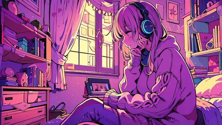 A detailed anime girl,  wearing a large sweater , wearing headphones with an , praise, quiet,  quiet vibes , creepy,  band in her room looking out the window, night, quiet night,  masterpiece ,  best quality