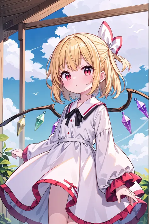 詳細なbackground, masterpiece,  top quality , Expressive、whole body、１Alone、１By people、１Only people、only girl、Flandre Scarlett, ,  third-tailed yellow hair 、 red eyes、Blonde、Short Hair、 short hair 、 female college age 、 Touhou Project、Costume( white dress)、Cos...