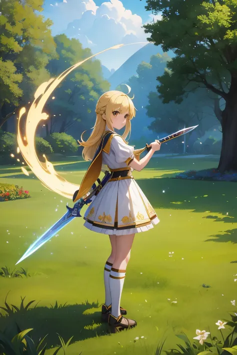 a person in an outfit and a sword standing in the grass, concept art, sots art, game key art, official character art, yellow broad sword, splash art anime loli, she is holding a sword