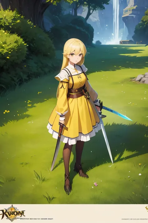 a person in an outfit and a sword standing in the grass, concept art, sots art, game key art, official character art, yellow broad sword, splash art anime loli, she is holding a sword