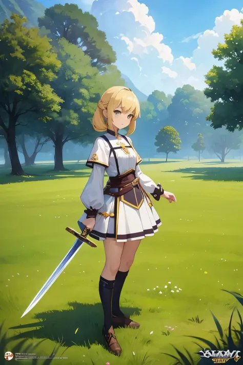 a person in an outfit and a sword standing in the grass, concept art, sots art, game key art, official character art, yellow broad sword, splash art anime loli, she is holding a sword