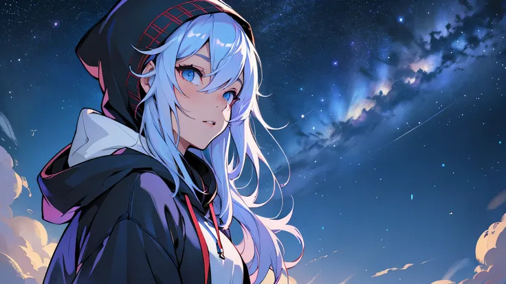  adult woman、 is cool、 hoodie that uses a dragon、 quiet atmosphere 、 in the middle of the night、The sky is dark、 clear lines 、 long hair、 super high definition 、 starry sky 、 Looking into the Distance 、 nostalgic、drive