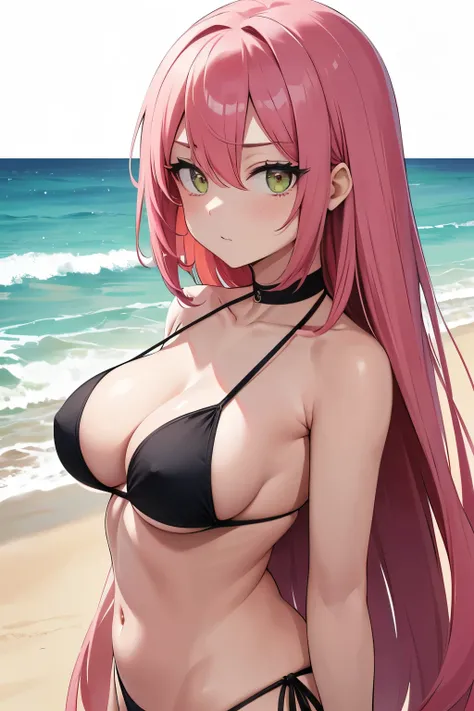 Riche , minure_woman,  One girl , Alone,  in rot _in_viewer, length_hair, 前hair, green_eye, hair_ between_eye,  upper_body,  pink_hair,  Beach , black_ bikini,  ocean