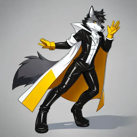 solo, male, wolf, gray colored fur, lean body, anthropomorphic, black muzzle, white coat, yellow plastic gloves, black rubber boots, general white coat, coat length to legs,