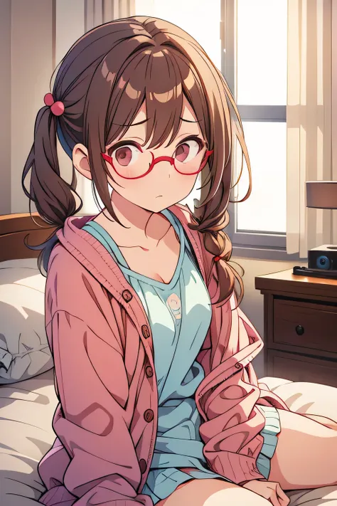  on the bed、 brown twin tails 、Worried face、Round Glasses、Open clothes