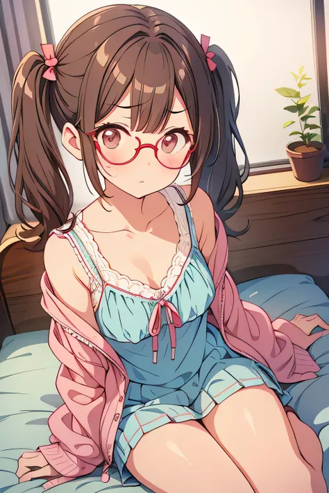  on the bed、 brown twin tails 、Worried face、Round Glasses、Open clothes