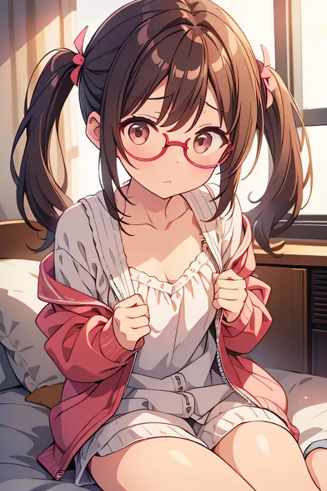  on the bed、 brown twin tails 、Worried face、Round Glasses、Open clothes