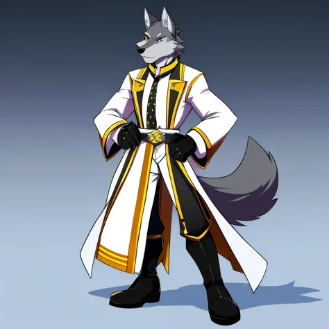 solo, male, wolf, gray colored fur, lean body, anthropomorphic, black muzzle, extravagant white generals coat, well dressed, professional posture, white gloves, holding wrist rim of glove, tall stance, white pants, black boots