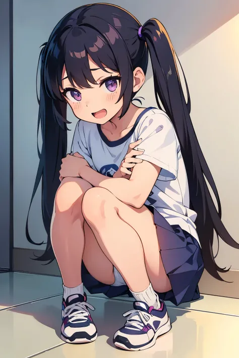  elementary school  toddler lying down with legs open, flat chest, black hair, shorts, twin tails, purple eyes 　 smile with open mouth（（One person）） upper body short sleeve t-shirt lower body navy blue mini skirt sitting on the stairs of an apartment　 whit...