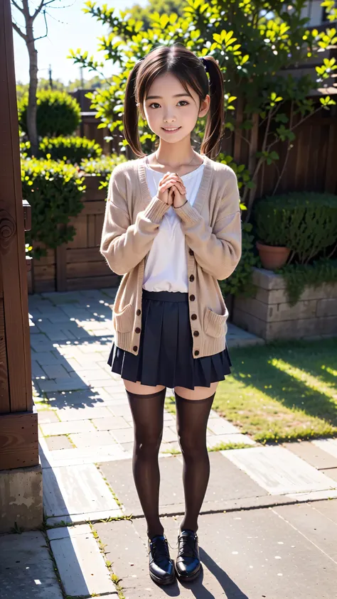 ( High Quality ,  High Definition ,  very detailed,  realistic :1.37), (Full body pose)、(Full body photo of a girl:1.5)、Peaceful atmosphere, (Outdoors, garden)、 (( big twin tails 、Large scrunchies ))、((Standing by a tree))、18-year-old high school student、B...