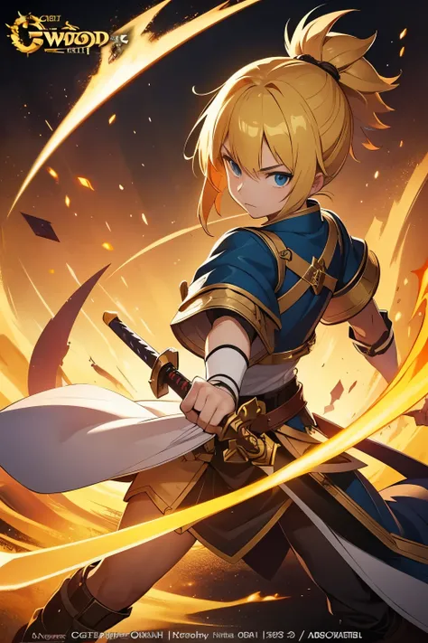 a young male character in a sword stance holding an item in hand, concept art, sots art, game key art, official character art, yellow broad sword, splash art anime loli, she is holding a sword