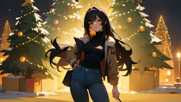 ((Masterpiece, Highest shadow, Nice Lighting: 1.2)), Original Character, cute-looking 21-year-old woman with a beautiful face, round eyes, black long hair, slender body, A-cup breasts, soft smile, standing in front of Christmas trees decorated with colorfu...