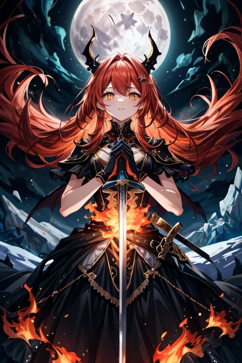 masterpiece, best quality, ultra high resolution, super fine illustration, 1 woman, long wave fire red hair, (bright yellow eyes:1.2), body-fitting dress-style knight outfit, red and black colors, gold embellishments, intricate lace. elegant face, beautifu...