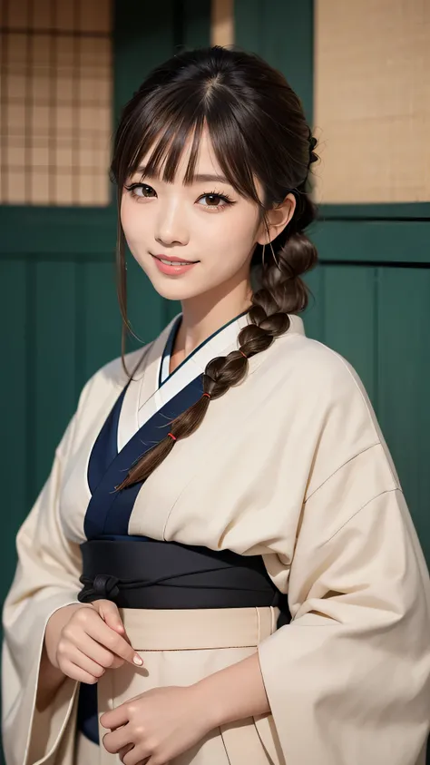 Realistic, masterpiece, best quality, 8k, anatomically correct, Accurate Human Structure , one Japanese woman , show a little teeth and smile, fine and beautiful eyes, Sparkling eyes, False eyelashes, ( Ukiyo-e makeup :1.2), (Braided Hair, dull bang...