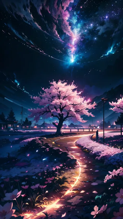 masterpiece, Concept Art, Panorama, in the center, shape, Wide Shot, garden, night, (meteor), Space galaxy background, (Great composition, Epic scale), Dynamic Lighting, Bright colors, cherry blossoms,1 Girl,Glowing light particles、heart、heart、love affair