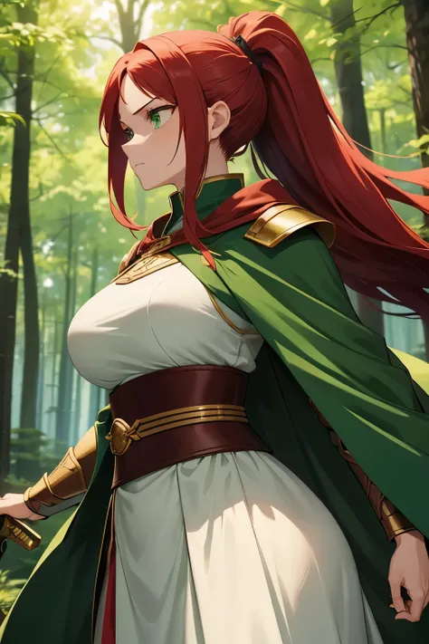 {
  "prompt": "A young female swordsman with long red hair tied in a ponytail, wearing light armor with a green cloak, holding a shining sword, standing confidently in a lush forest, green eyes glowing with determination.",
  "size": "1024x1024"Super big b...