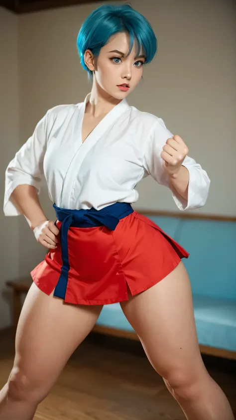 Bulma, bluehead, A angry woman , large blue hair, expressive blue eyes , mini skirt, a red Chinese martial arts blouse , pecho pequeño, Not suitable for work , big ass, thick thighs , wide hips, Desde atrás