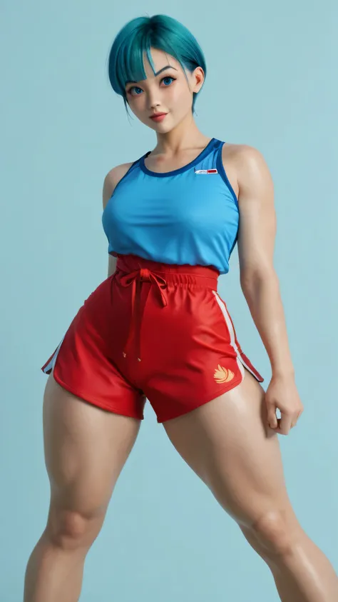 Bulma, bluehead,  A woman  ,  large blue hair and bangs,  expressive blue eyes , sport shorts,  a red Chinese martial arts blouse , pecho pequeño,  Not suitable for work ,   big ass,  thick thighs ,  wide hips, Desde atrás