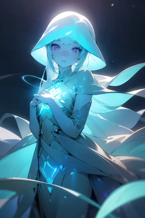 Create a humanoid idol character based on a deep-sea firefly squid, named Grace. She should have an enchanting, almost otherworldly presence, like a creature of pure light. Her skin is pale and luminous, with soft, radiant blue and purple bioluminescent sp...