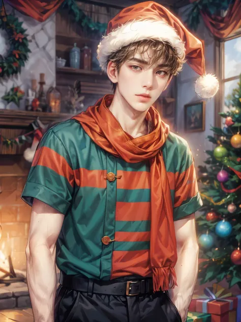 (absurdres, highres, ultra detailed, HDR), masterpiece, perfect face, detailed face, intricate details, watercolor art style, Christmas festive theme, extremely detailed character profile, best quality close-up picture,  serious face, kpop face , almond ey...