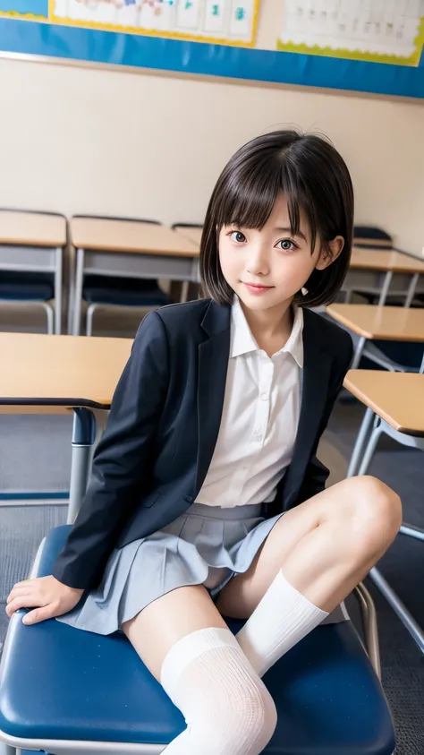 Young Cute Kindergarten Girl， Tight Japanese elementary school student costume ，  White Socks  。  She should look natural     ，【crop， curved  ，Little physics    （130 cm），Petite Chest ，   Big Blue Eyes   ，   Black Short Hair，   This photo was taken with a 3...