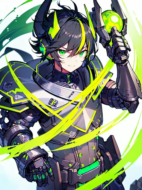 [(WHITE BACKGROUND:1.5),::5], ((masterpiece)), high quality, ultra very high resolution, full color, ((solo)), (little younger boy), Black cyborg armor, ((mechanical gauntlet)), (Monster armor), (mechanical tail), (mens Black hair), (Green streaked hair), ...