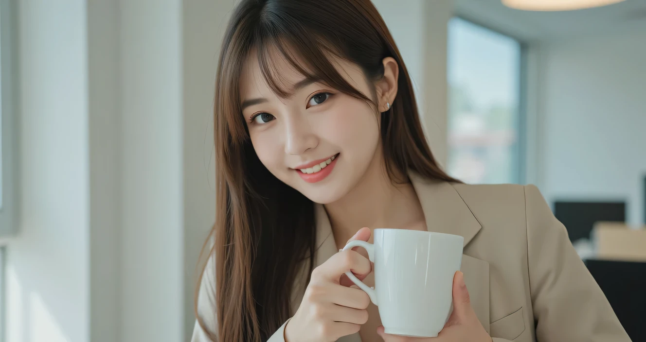  long hair,  blur the background , Bokeh. Shes having a drink..  staring at the camera,  precise and beautiful eyes ,  cute smile, A gentle and calm look. (in the office). (( super high res)),((extremely detailed)),  extremely detailed,  top quality , 8k r...