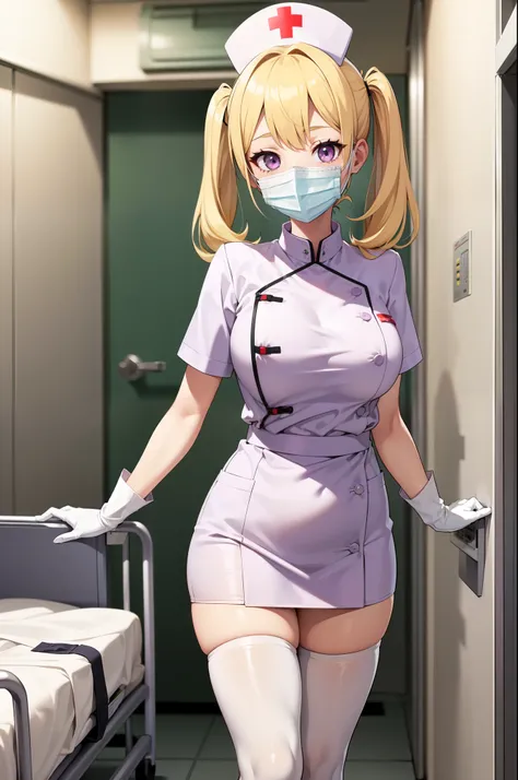 1girl, solo, nurse, nurse cap, white nurse uniform, ((white legwear, zettai ryouiki)), white gloves, twintails, yellow hair, purple eyes, ((white surgical mask, covered nose)), standing, ((hospital room)), sharp outline, short sleeves, best quality, master...