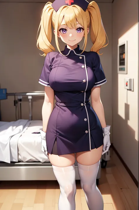 1girl, solo, nurse, nurse cap, white nurse uniform, ((white legwear, zettai ryouiki)), white gloves, twintails, yellow hair, purple eyes, smile, standing, ((hospital room)), sharp outline, short sleeves, best quality, masterpiece