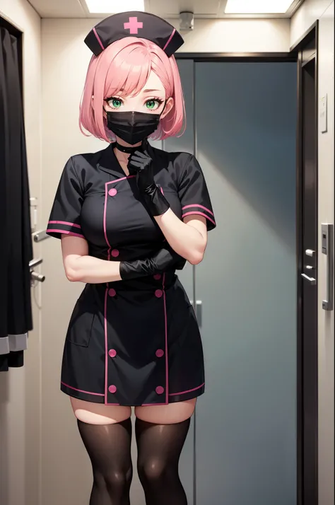 black nurse, 1girl, solo, black nurse cap, black nurse uniform, ((black legwear, zettai ryouiki)), black elbow gloves, pink hair, green eyes, drooping eyes, ((black surgical mask, covered nose)), standing, ((surgery room)), sharp outline, short sleeves, be...