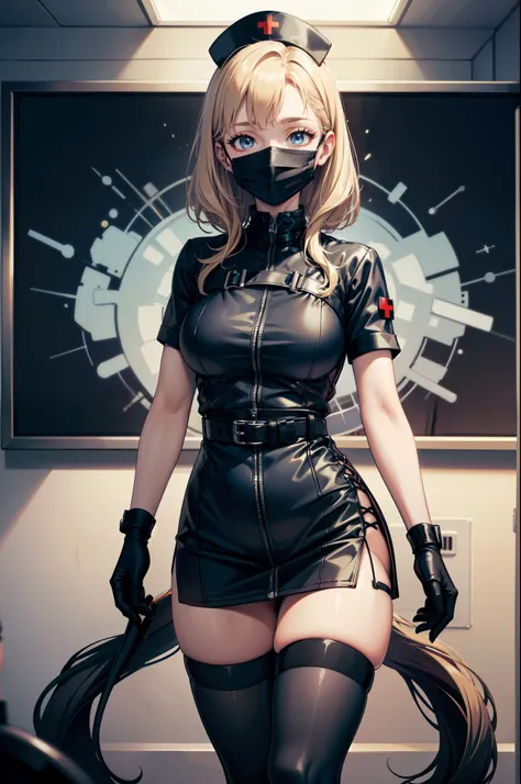 black nurse, 1woman, solo, black nurse cap, black nurse uniform, ((black legwear, zettai ryouiki)), black elbow gloves, blonde hair, blue eyes, ((black surgical mask, covered nose)), standing, ((surgery room)), sharp outline, short sleeves, mature female, ...
