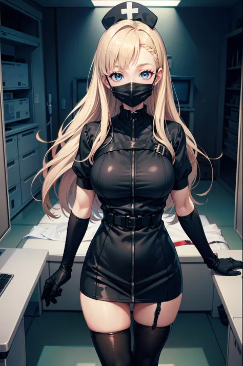 black nurse, 1woman, solo, black nurse cap, black nurse uniform, ((black legwear, zettai ryouiki)), black elbow gloves, blonde hair, blue eyes, ((black surgical mask, covered nose)), standing, ((surgery room)), sharp outline, short sleeves, mature female, ...