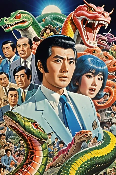 Manga characters, 1970s comic art , 1970s Japanese TV show monster, detailed Digital Paint, bright color, dynamic composition , Dramatic lighting, vintage aesthetics , ( top quality,4K,8k, high definition ,masterpiece:1...