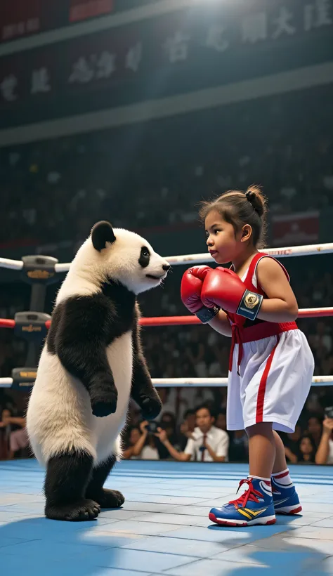 photographically realistic image of a one-year-old  boxing in the ring with a baby panda