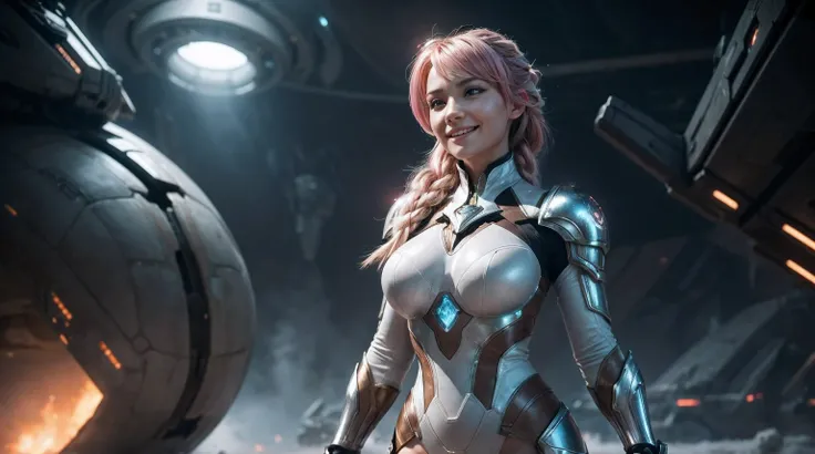 An ultra-realistic cinematic scene featuring a beautiful woman in frozen futuristic city. The scene depicts a sensual space female warrior standing triumphantly on a battlefield, and in front of a huge exploding spaceship, her strong physique glistening wi...