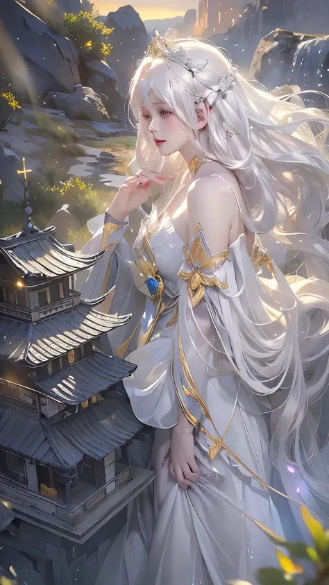 (((From the knee up)), Night view, Stella, (((masterpiece:1.5, detailed:1.4)),, A girl sitting, viewed from above、Backlight, A fantastic atmosphere envelopes the ancient city as the sun sets。At the center of this magical moment is a woman、(White Hair Girl:...