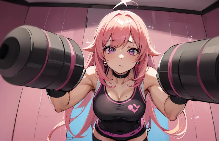 (A woman wearing a pink top and black pants)(Exercise at the gym)(fit girl at the gym)( Best Anime 4K Kona-chan Wallpaper)(4k anime wallpaper,)(Beautiful anime girl Exercise).(anime style 4k)( highly detailed art germ)( Powerful)(muscle training)