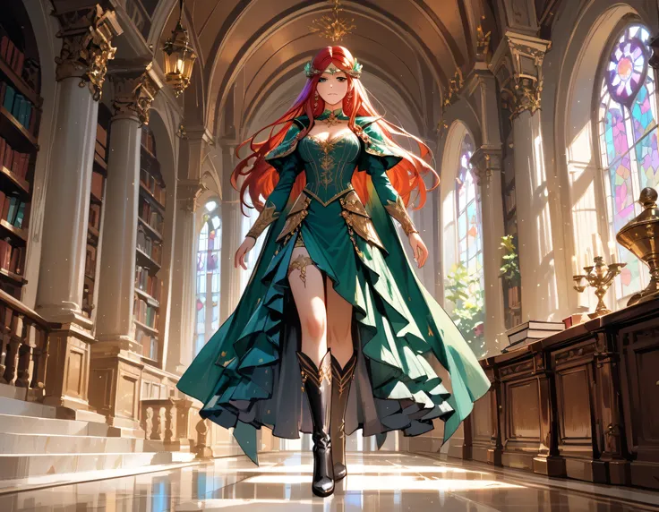 picture of a sorceress casting a spell in magical library, exquisite beautiful woman, dynamic hair color, dynamic hair style, (ultra detailed face: 1.2), best detailed face, high details, best quality, 16k, ((red elegant dress: 1.2), (purple cloak: 1.3), h...