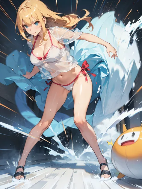 anime - style illustration of a woman in a see-through Santa bikini, white thong, video game character, official character art, full body, female anime girl, sexual Posing:1.5, cameltoe:1.7, (gleaming skin, oily skin, shiny skin, sweat:1.0), in snowy winte...