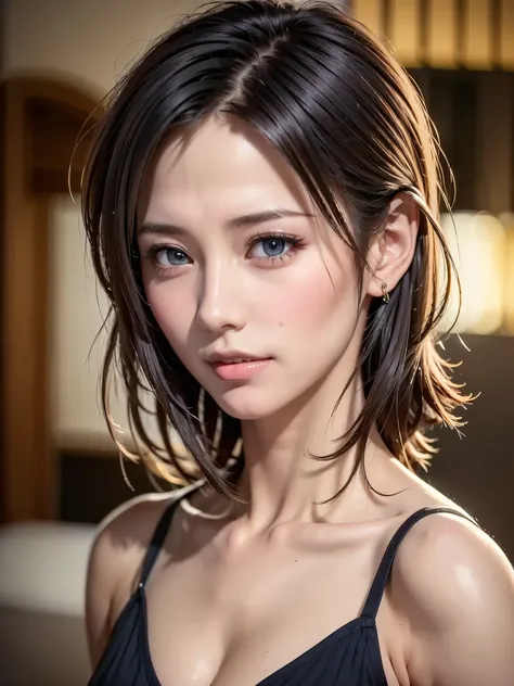 (masutepiece:1.3), (8K, Photorealistic, Raw photo, Best Quality: 1.4), (1girl in), Beautiful face, (Realistic face), (Black hair, Short hair:1.3), bikini of, Beautiful hairstyle, Realistic eyes, Beautiful detailed eyes, (Realistic skin), Beautiful skin, (N...