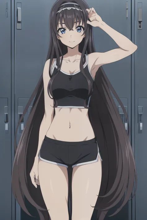 1 girl, cute, black long hair, (hair band), masterpiece, smile, (Sports bras, sports shorts), (In a locker room with many lockers), (anime cels style, Masterpiece, best quality, high resolution, anime colored, anime style, anime key visual, sharp, 8k), bea...