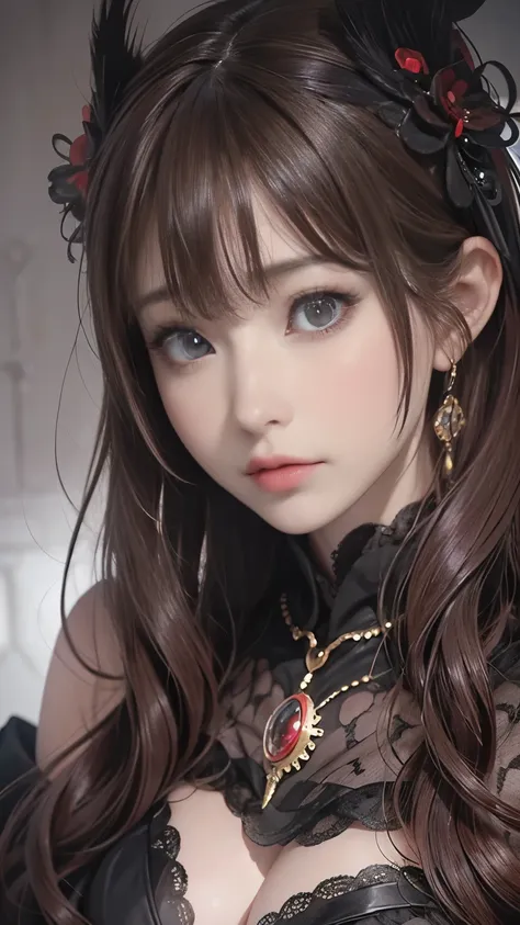 (  top quality ,4K,8k,   high res ,masterpiece:1.2),  very detailed ,( realistic ,photo realistic ,photo- realistic :1.37),  close-up of a dark-haired woman in a black dress, Dark Eyes,Unlucky笑顔,((((Big Breasts))))、(Fatal Beauty, charm的な美しさ ) ,(官能的なcharm),...