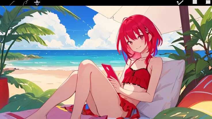 a girl with ruby vibrant  hair smiling in the beatch, bossa nova vibes, chill and relax vibes, looking at screen, cute