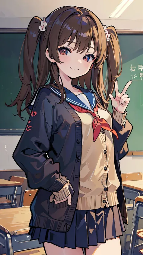 ((masterpiece、 top quality 、 very detailed))、 One Girl 、Brown Hair、 long hair、 two side up 、 brown eyes、evil smile、 small breasts、(( sailor suit))、((Cardigan))、(( navy blue pleated skirt))、 cowboy shot、 Classroom Background 