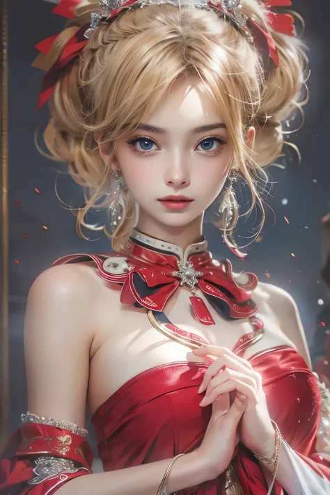 masterpiece,  top quality , 8k,  photorealistic,  high res, 1 Female, Alone, (  DETAIL FACE ), Blonde,  Transcendental Beautiful Girl,  jewelry、Queen,shiny skin,red and white christmas dresses、Beautiful breasts、Queenが贈り物のような衣装、The body is wrapped with a re...