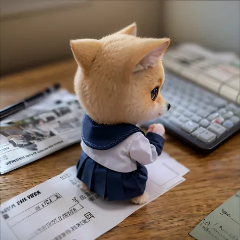            school uniform、          Shiba Inu girl seen from behind、Chibi、  cute、3D pencil drawing          